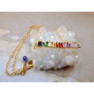 Rainbow Bar Baguette Necklace Gold Plated Citrine Kyanite PRIDE